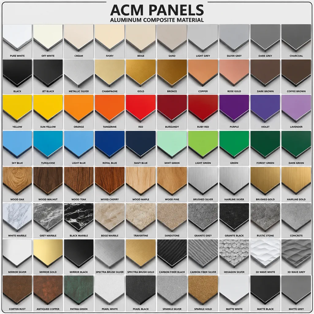 ACM panel colour chart showing solid, metallic, wood grain and stone finish aluminum composite material samples