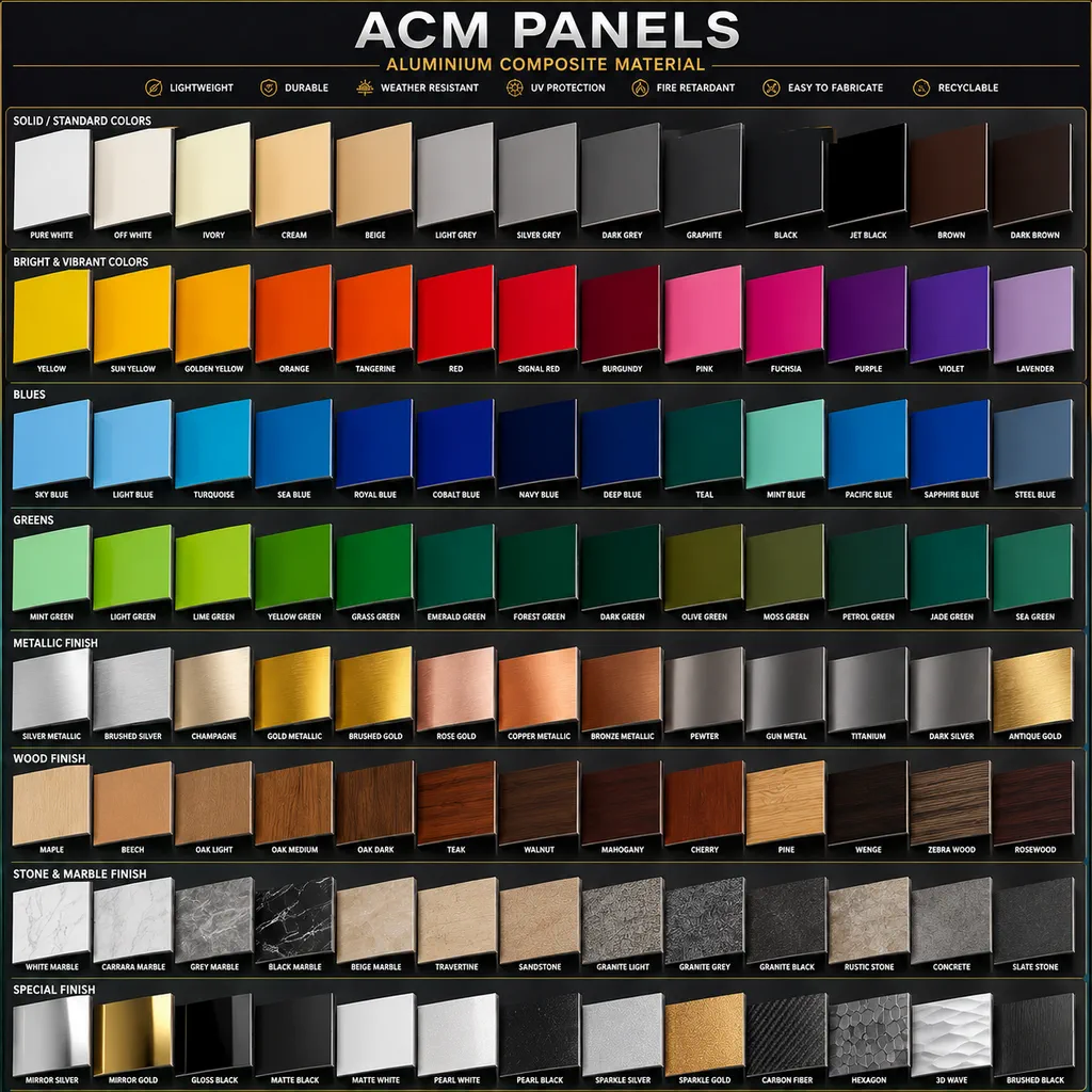 ACM panel colour swatch guide categorized by solid, vibrant, metallic, wood and stone finishes